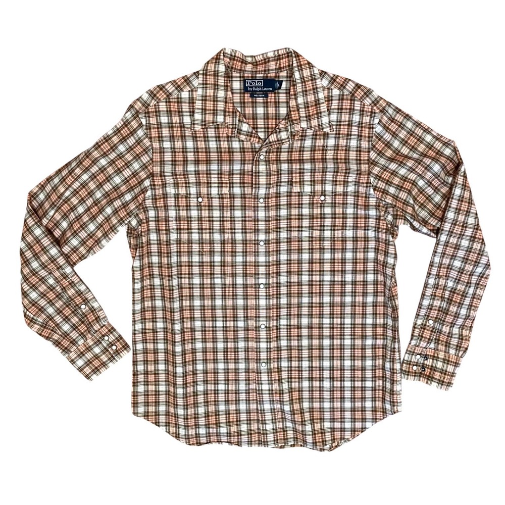 Vintage 90s Western Shirt Polo Ralph Lauren RL Western Plaid Pearl Snap Large